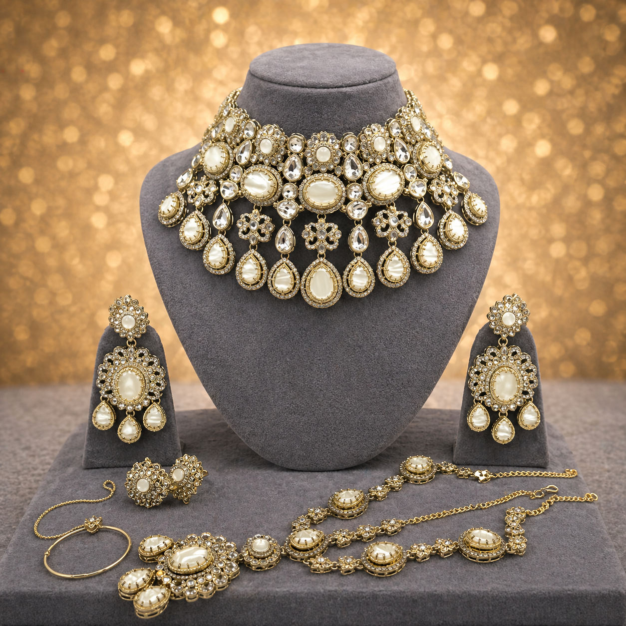 Noor Mahal Kundan Bridal Set with Mathapati, Nath, Sahare Earrings & 2 Rings – Ivory & Gold Luxury Wedding Jewelry