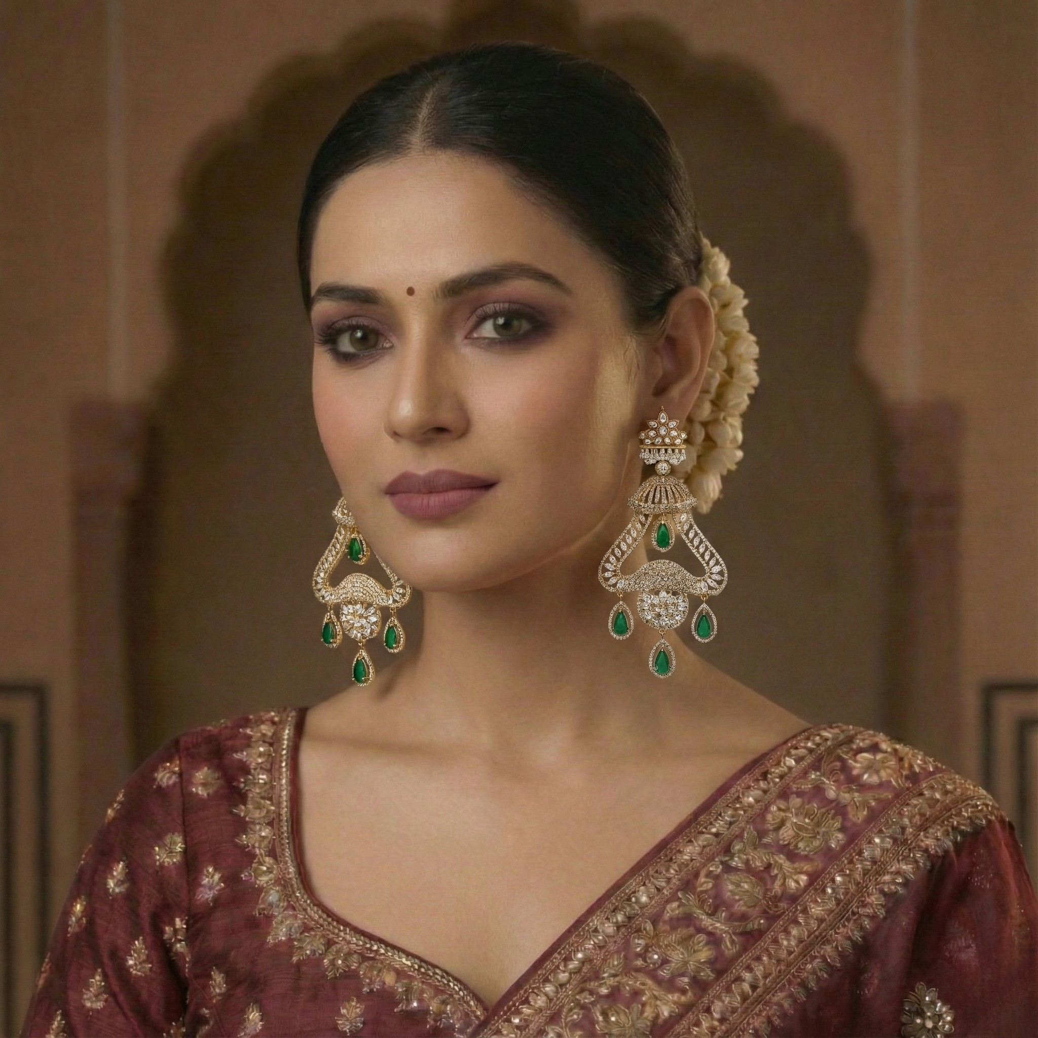 Emerald Drop Cubic Zirconia Chandelier Earrings in Rose Gold Finish