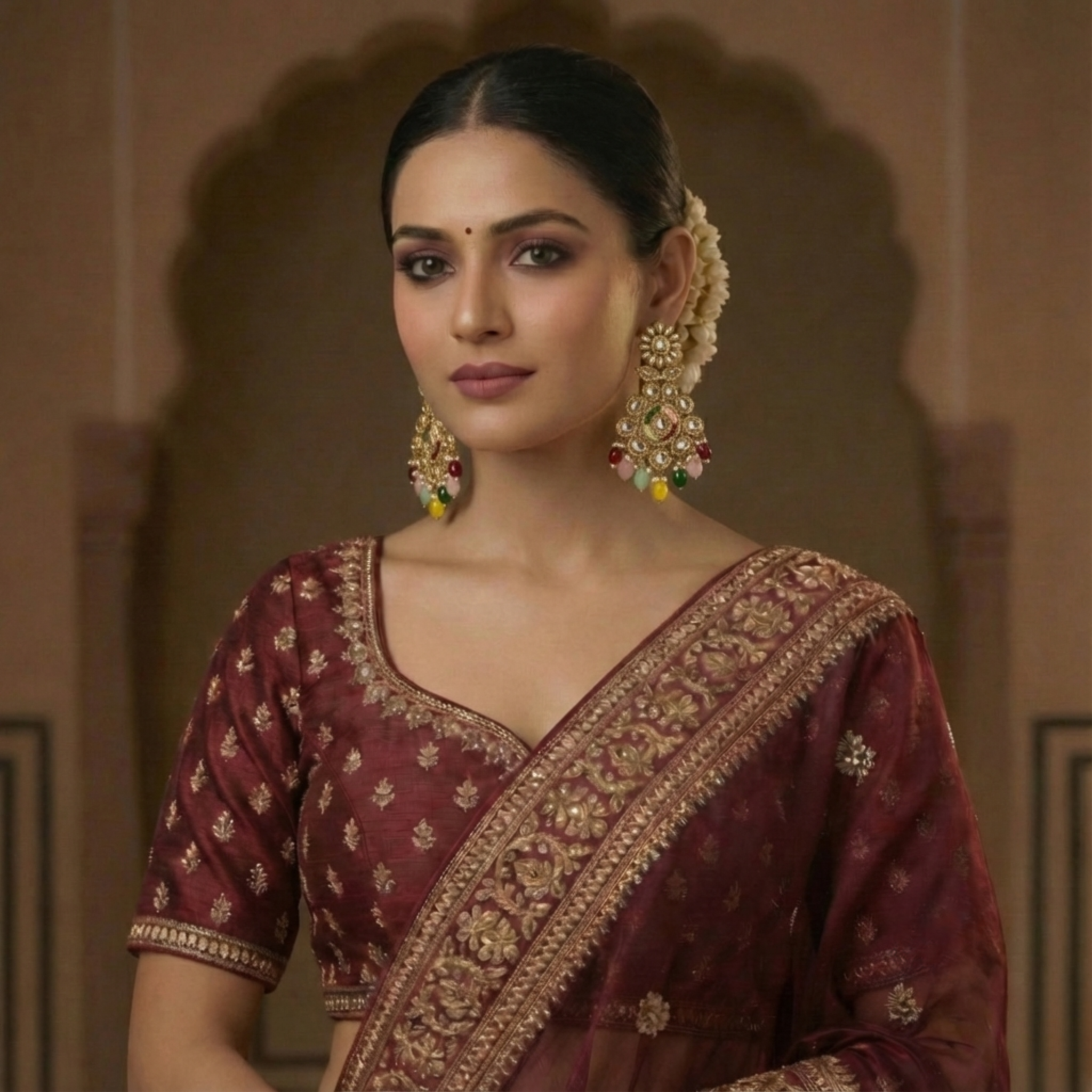 Multicolor Kundan Chandelier Jhumka–Chandbali Fusion Earrings