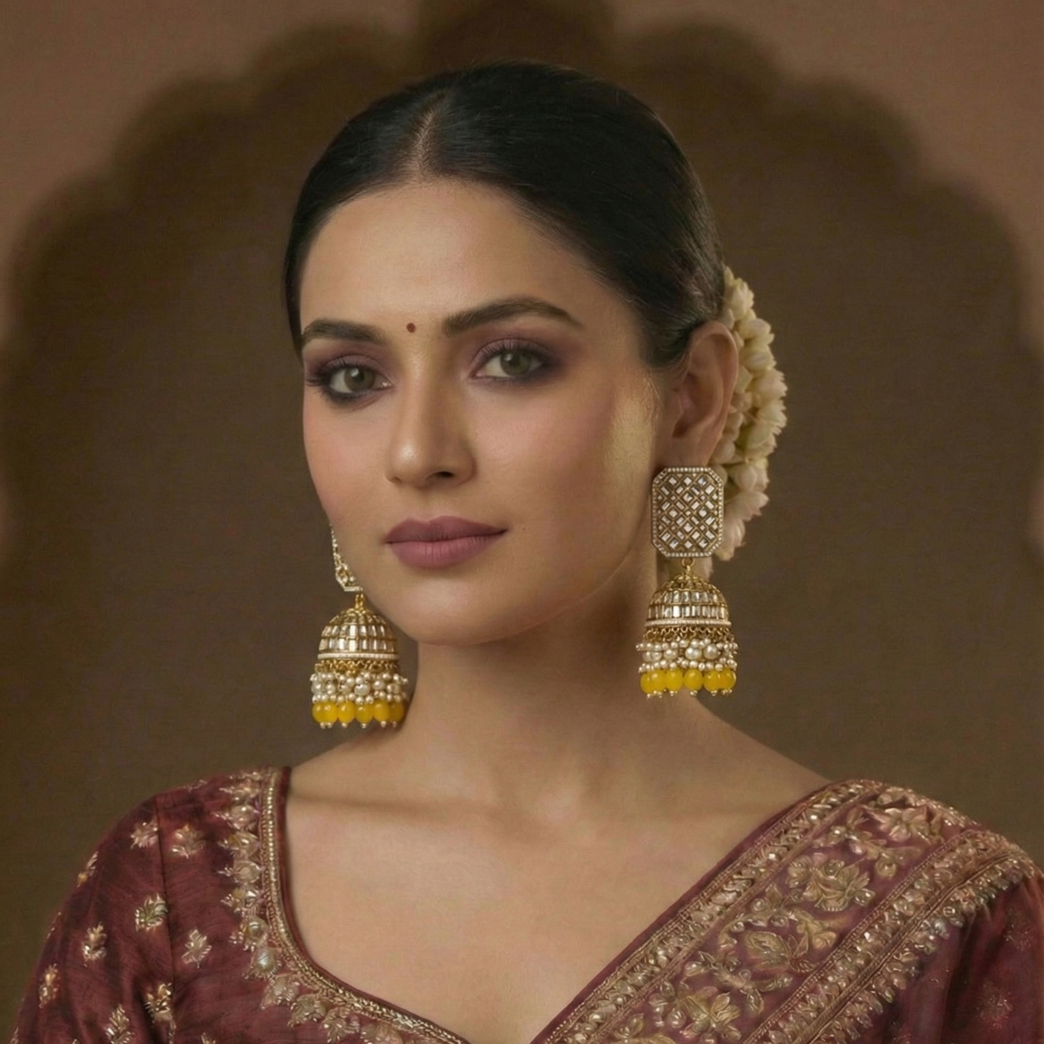 Geometric Jhumka Earrings with Crystal Work & Pearl Fringe