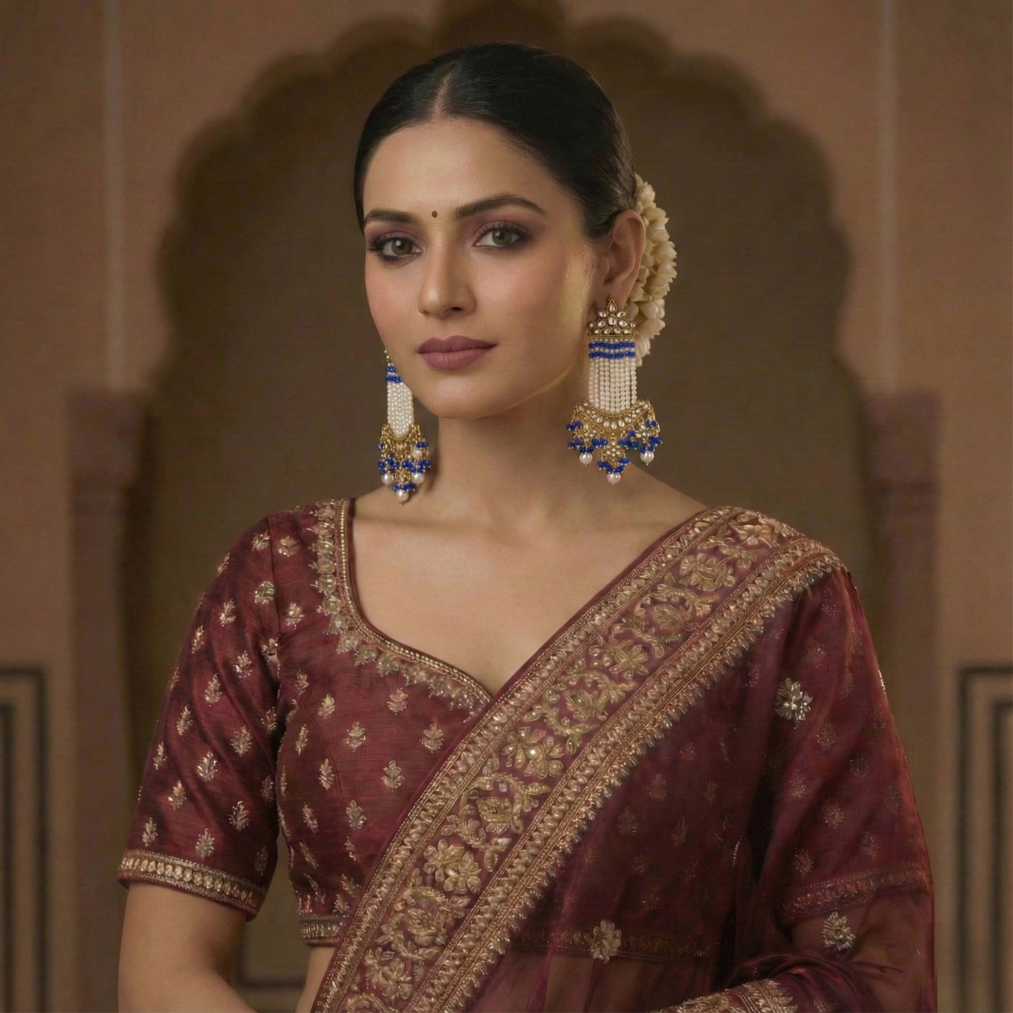 Royal Blue Kundan Jhumka–Chandbali Fusion Drop Earrings