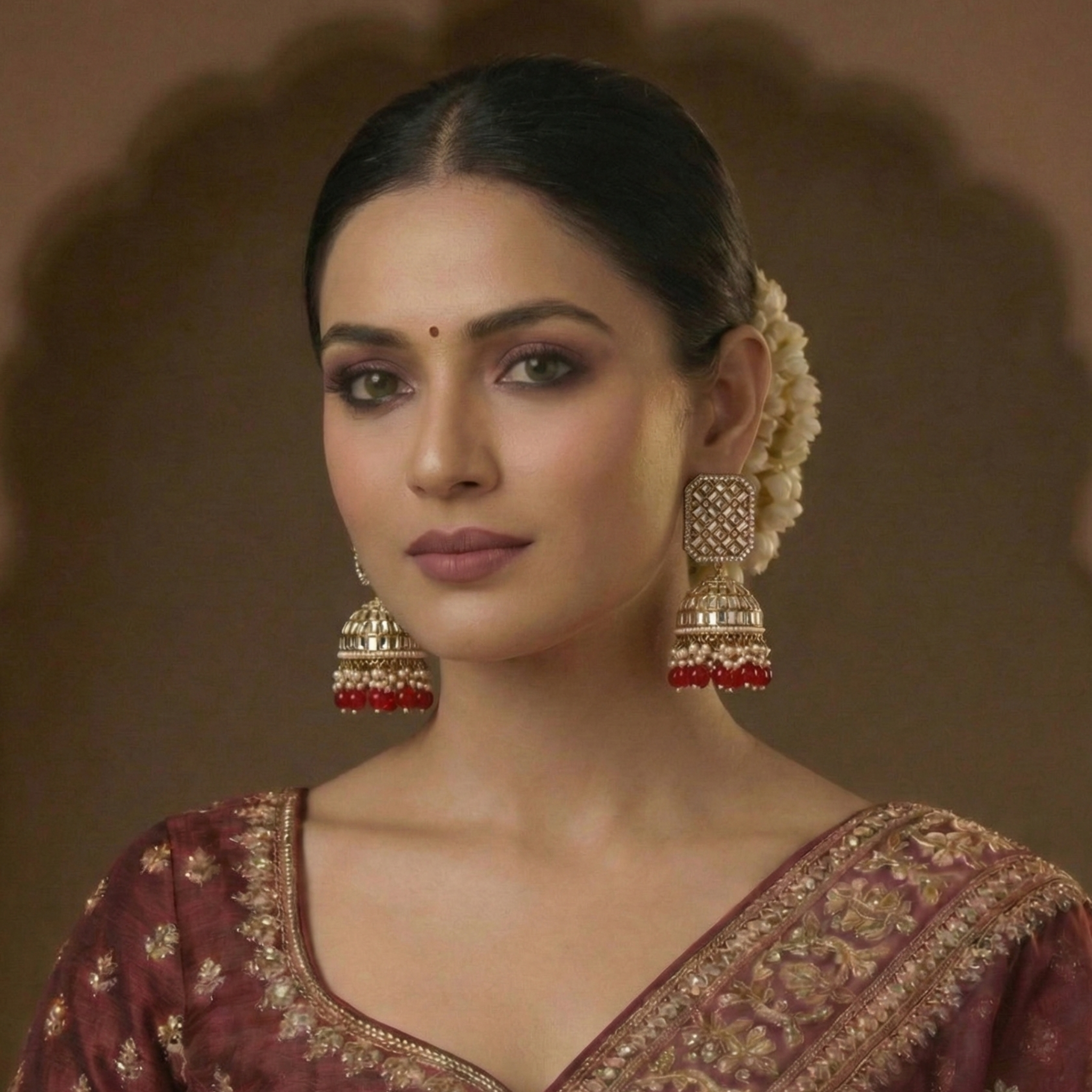 Geometric Jhumka Earrings with Crystal Work & Pearl Fringe