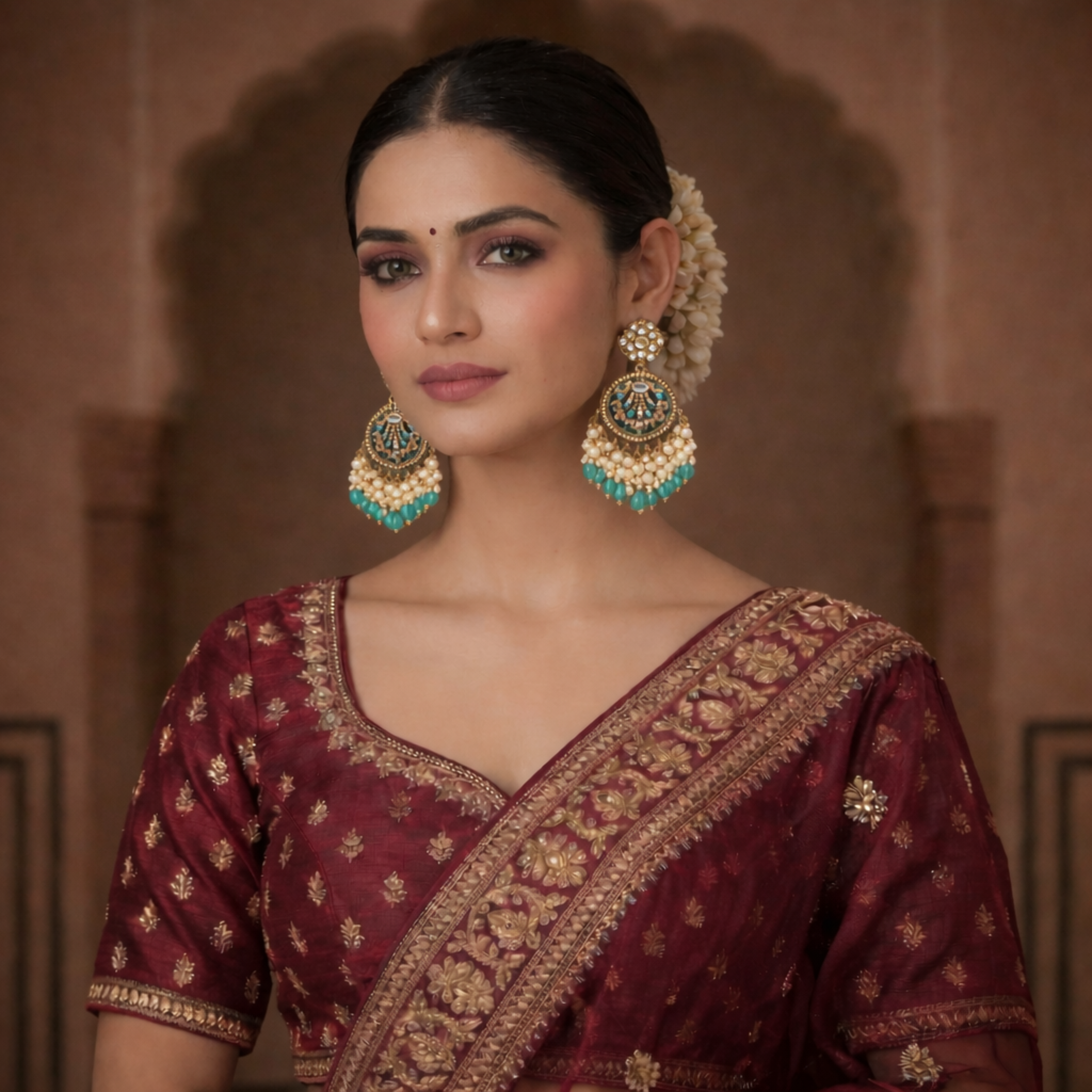 Teal & Ivory Kundan Chandbali Chandelier Earrings in Antique Gold Finish