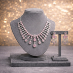 Pink Stone & American Diamond Statement Necklace and Chandelier Earring Set