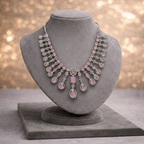 Pink Stone & American Diamond Statement Necklace and Chandelier Earring Set