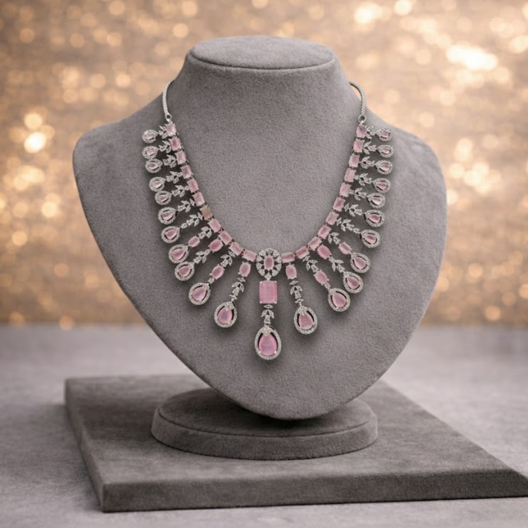 Pink Stone & American Diamond Statement Necklace and Chandelier Earring Set