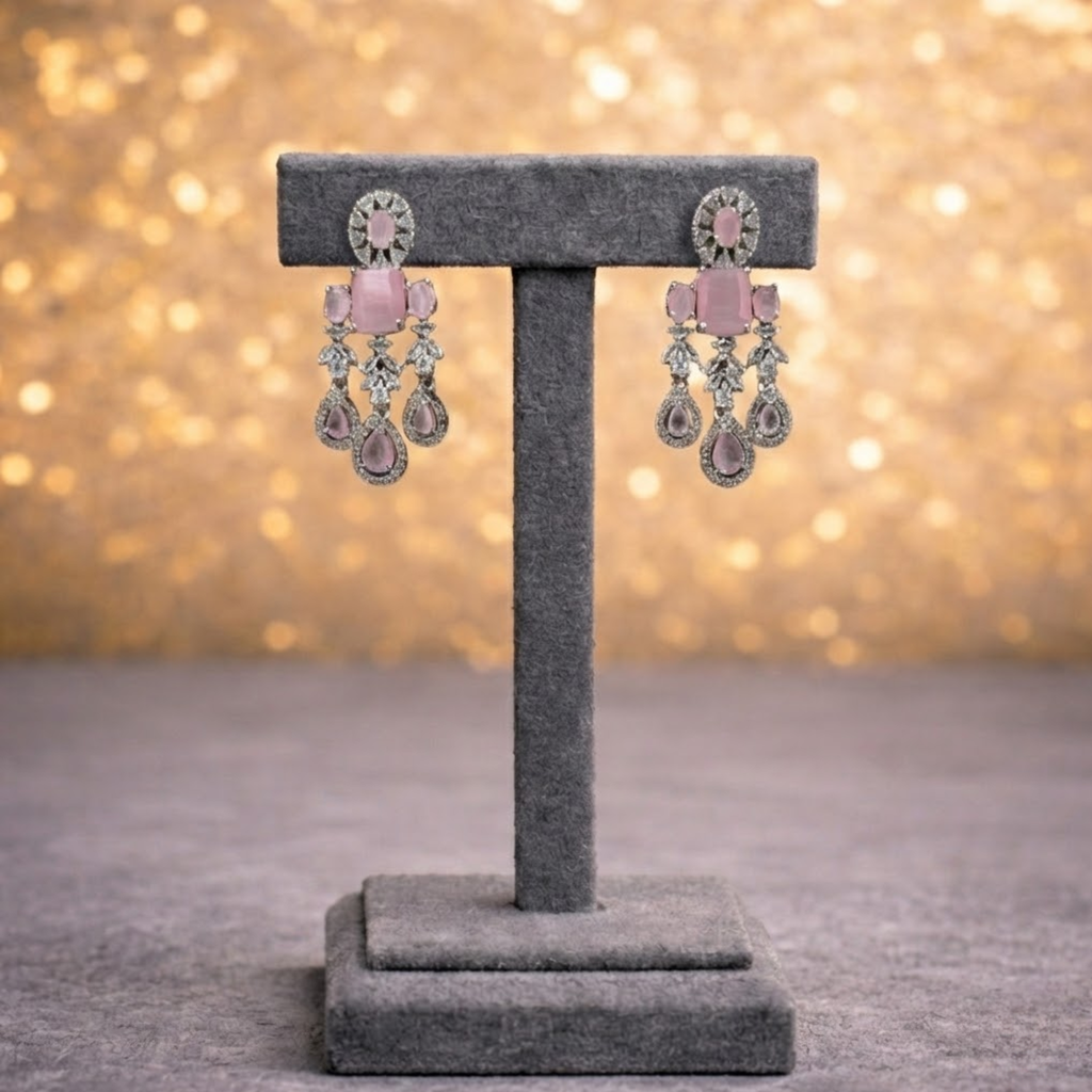 Pink Stone & American Diamond Statement Necklace and Chandelier Earring Set