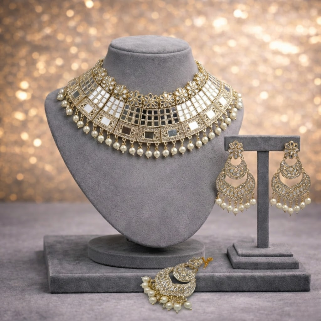 Mirror & Kundan Regal Choker Set with Chandbali Earrings and Maang Tikka