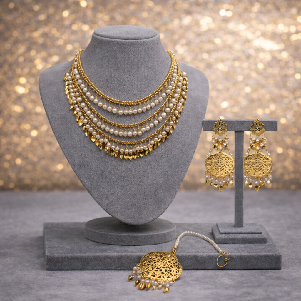 White Pearl & Gold-Toned Panchlada Bridal Jewelry Set