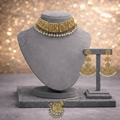 Gold-Toned Pearl Filigree Choker Set with Chandbali Earrings & Maang Tikka