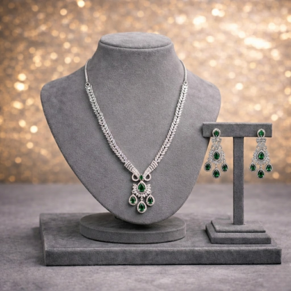 Crystal & Rose-Pink / Green Stone Statement Necklace and Earring Set