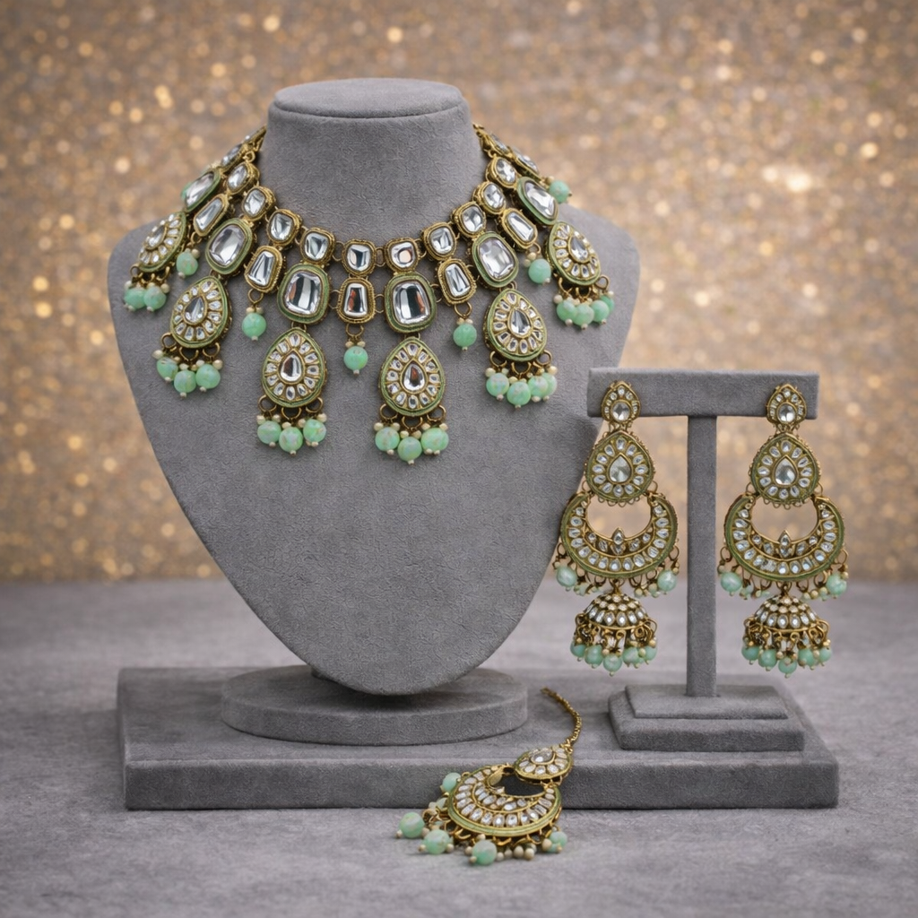 Sage Green Meenakari & Kundan Polki Choker Set with Jhumka Earrings
