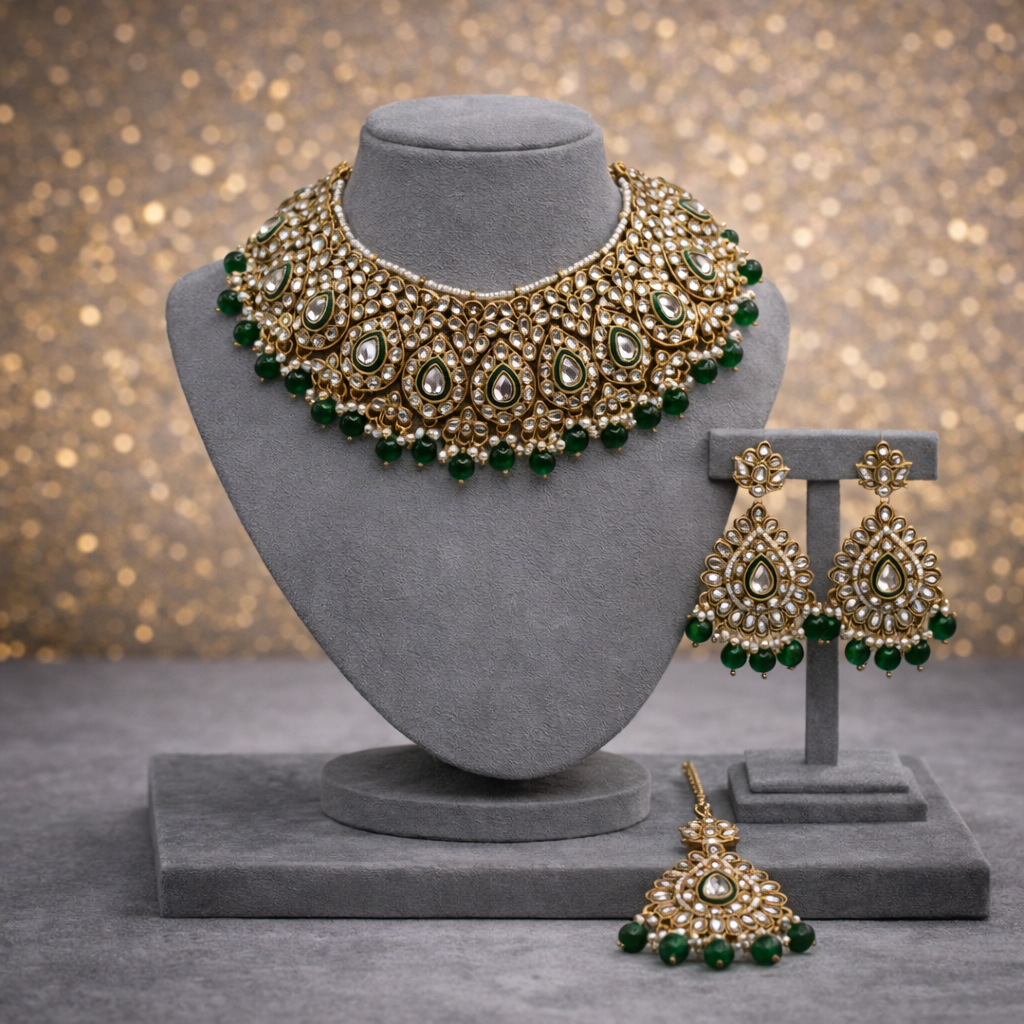 Kundan & Emerald Beaded Choker Set with Earrings and Maang Tikka