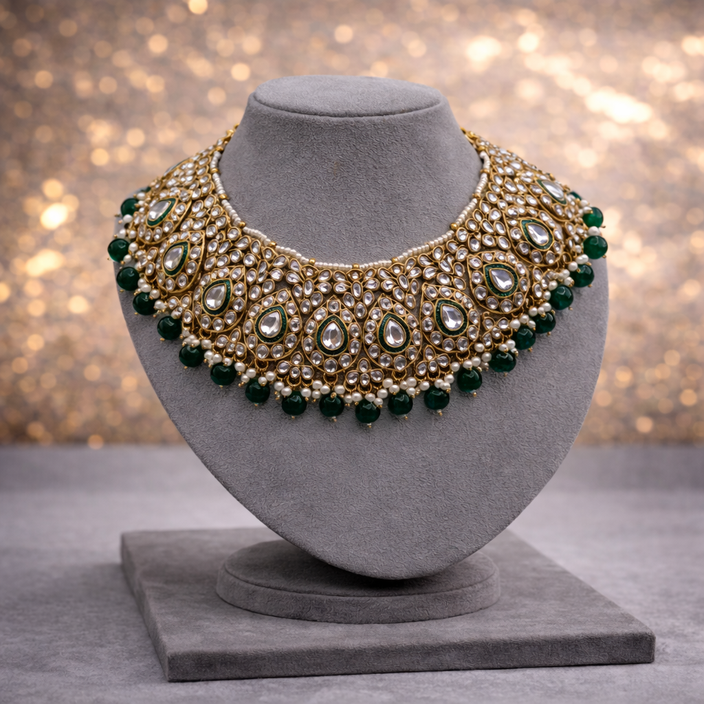 Kundan & Emerald Beaded Choker Set with Earrings and Maang Tikka
