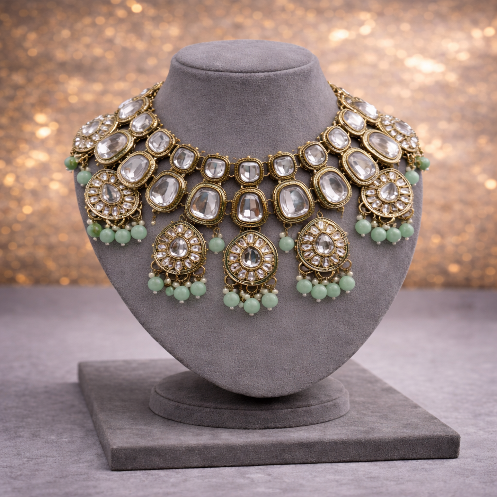 Sage Green Meenakari & Kundan Polki Choker Set with Jhumka Earrings
