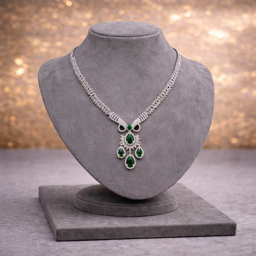 Crystal & Rose-Pink / Green Stone Statement Necklace and Earring Set