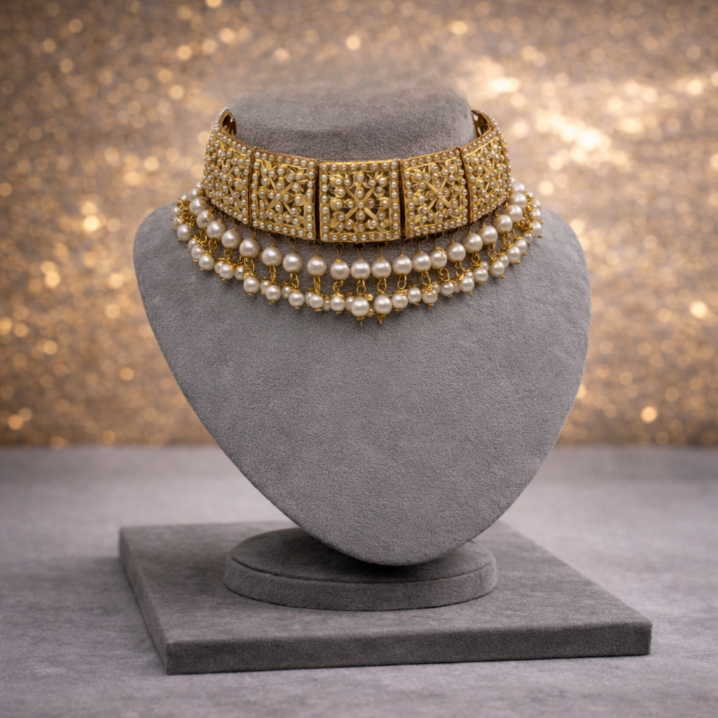 Gold-Toned Pearl Filigree Choker Set with Chandbali Earrings & Maang Tikka