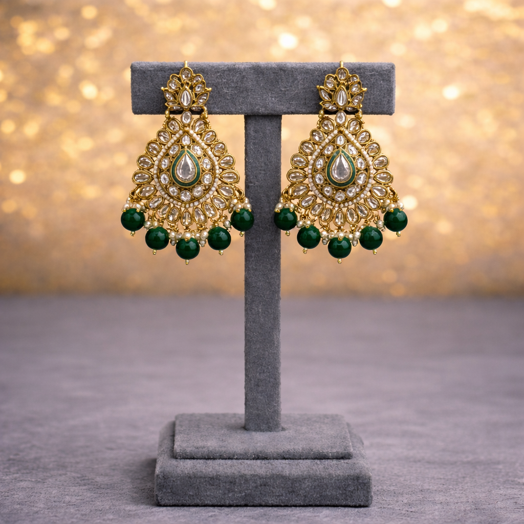 Kundan & Emerald Beaded Choker Set with Earrings and Maang Tikka