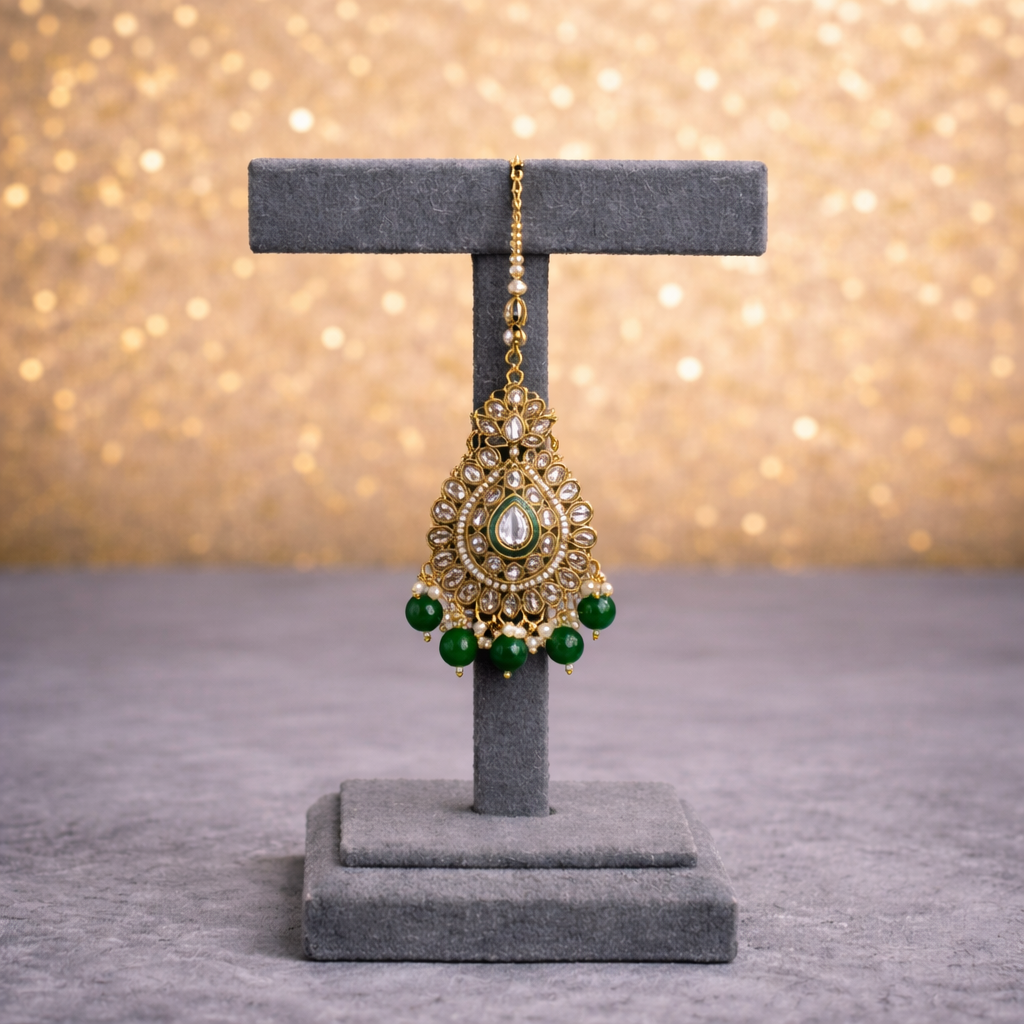 Kundan & Emerald Beaded Choker Set with Earrings and Maang Tikka