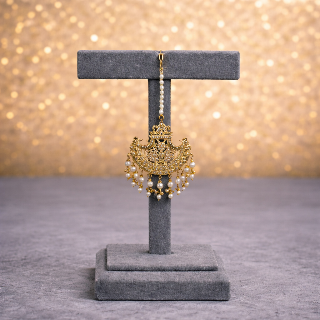 Gold-Toned Pearl Filigree Choker Set with Chandbali Earrings & Maang Tikka