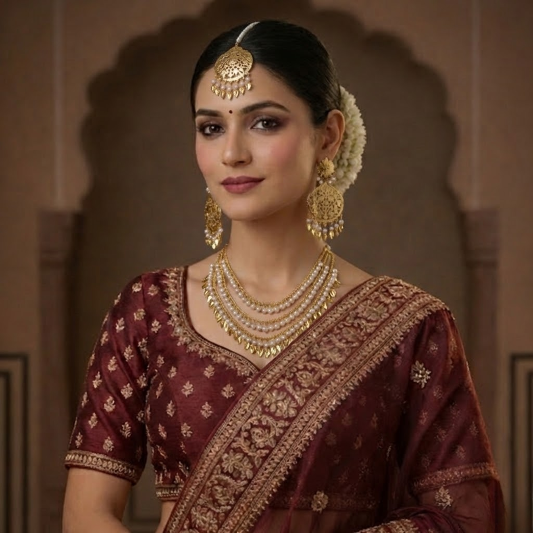 White Pearl & Gold-Toned Panchlada Bridal Jewelry Set