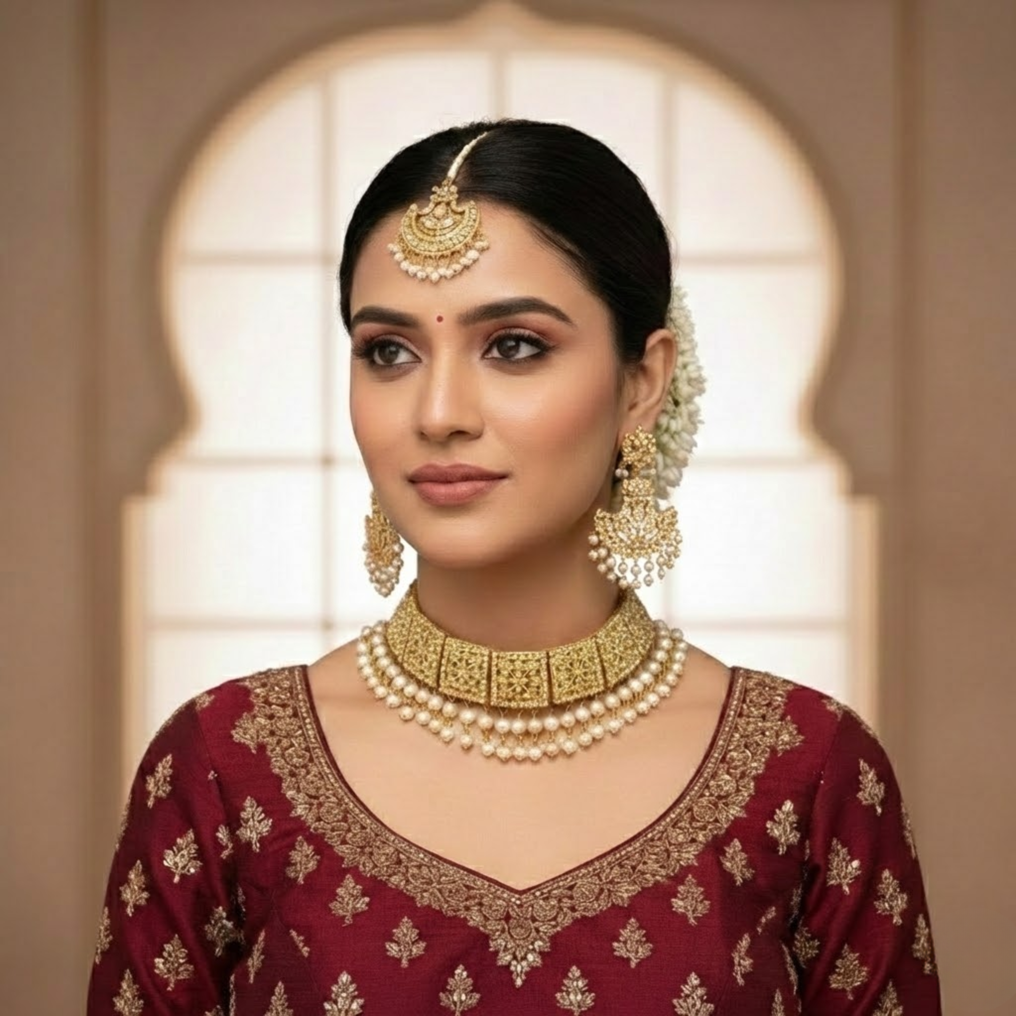 Gold-Toned Pearl Filigree Choker Set with Chandbali Earrings & Maang Tikka