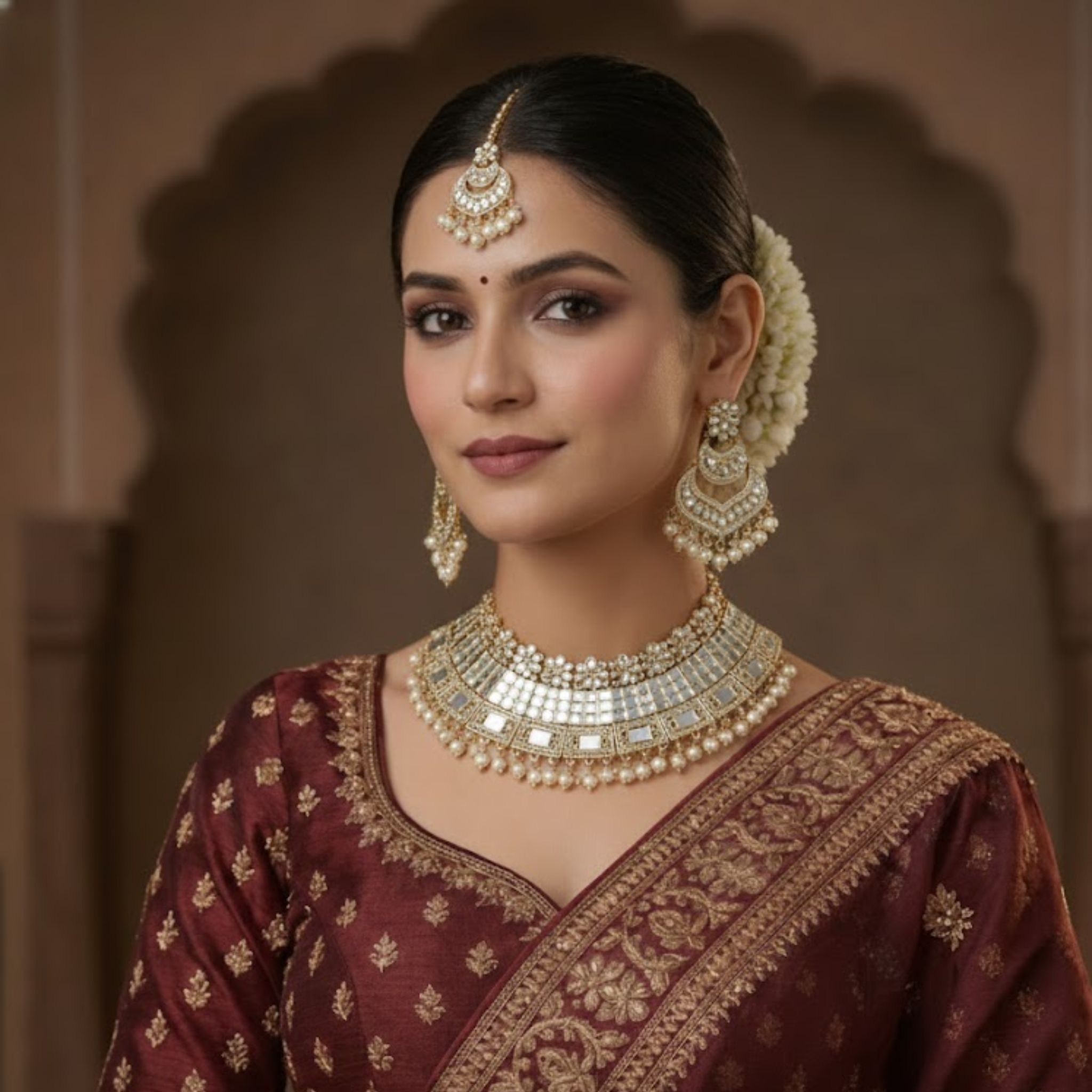 Mirror & Kundan Regal Choker Set with Chandbali Earrings and Maang Tikka