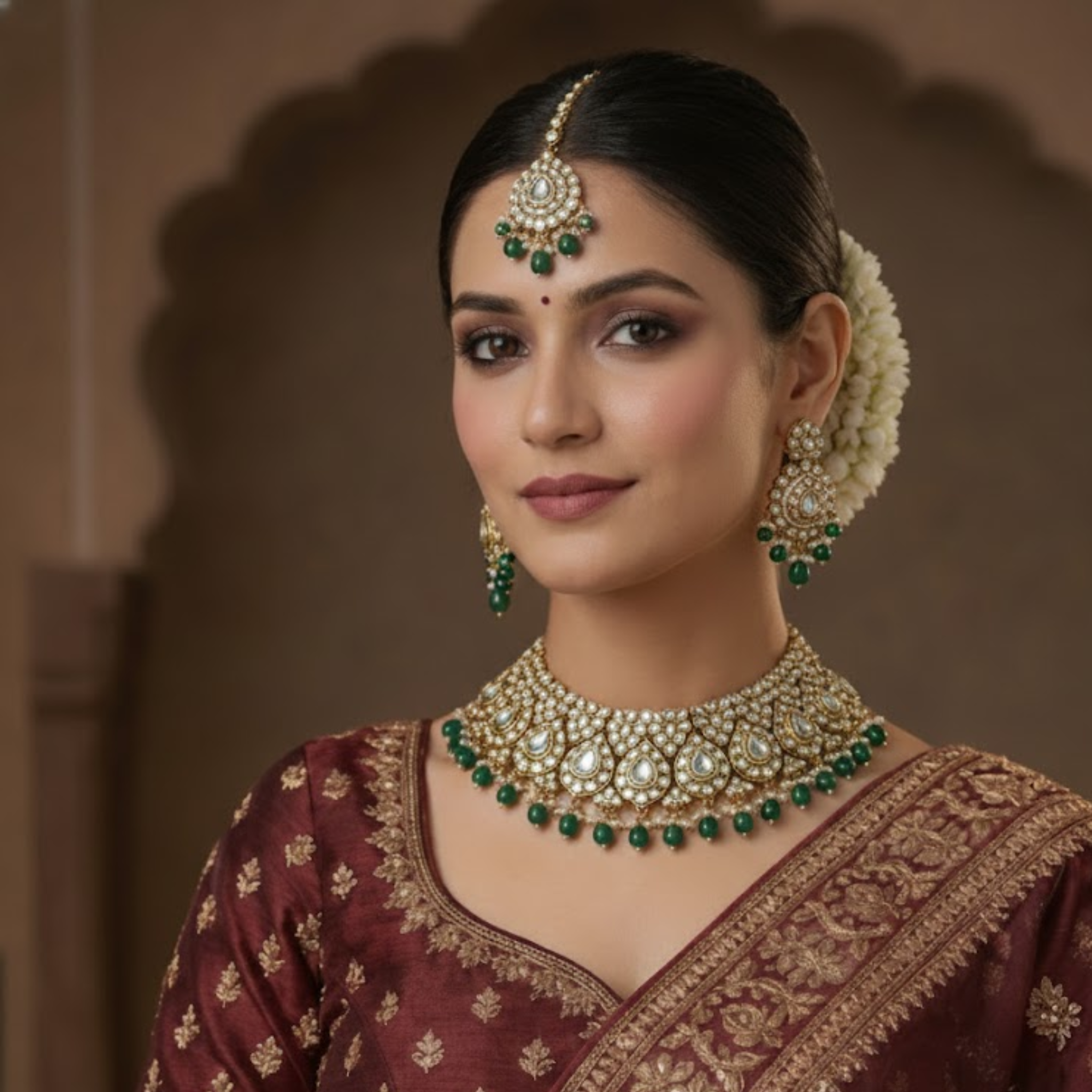 Kundan & Emerald Beaded Choker Set with Earrings and Maang Tikka