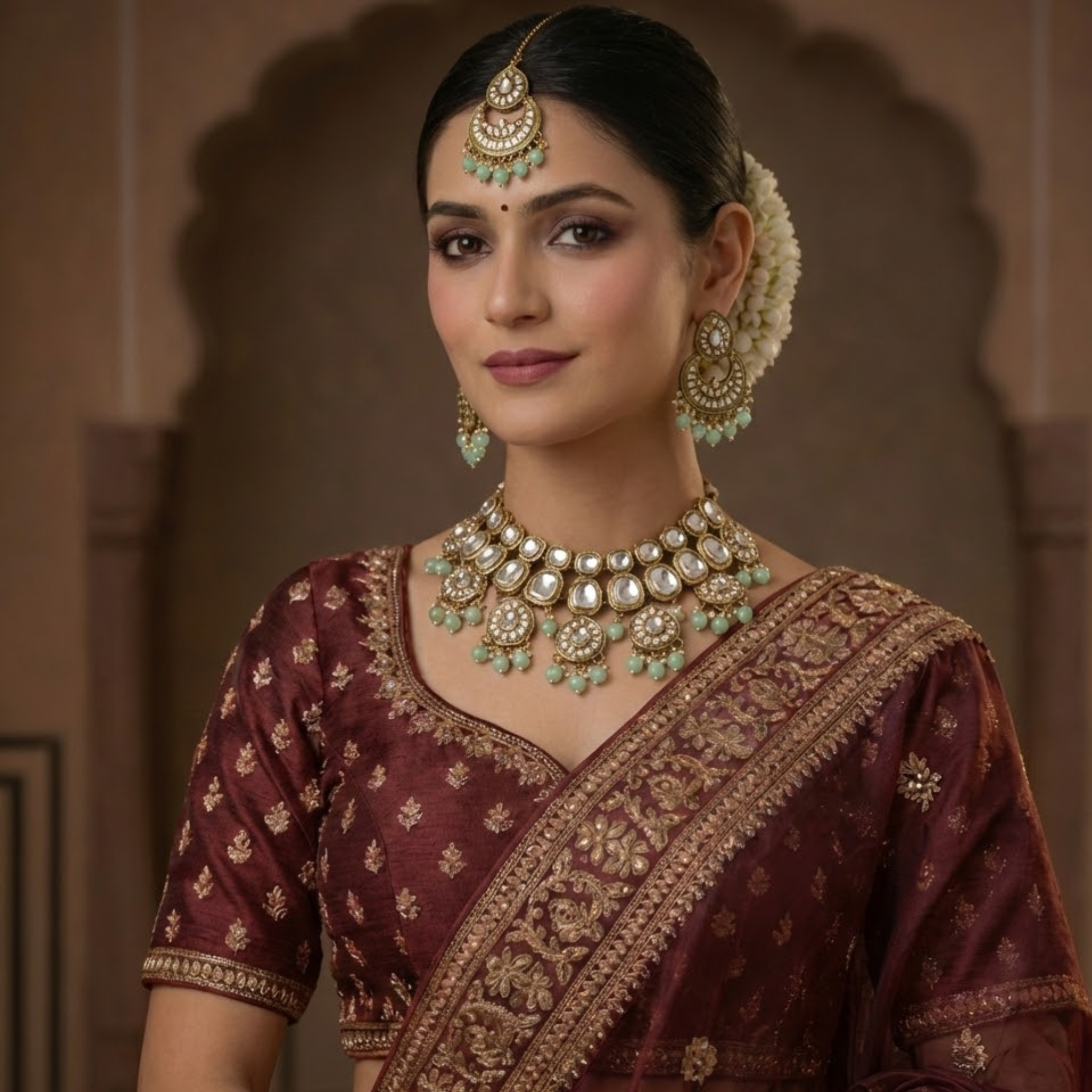 Sage Green Meenakari & Kundan Polki Choker Set with Jhumka Earrings