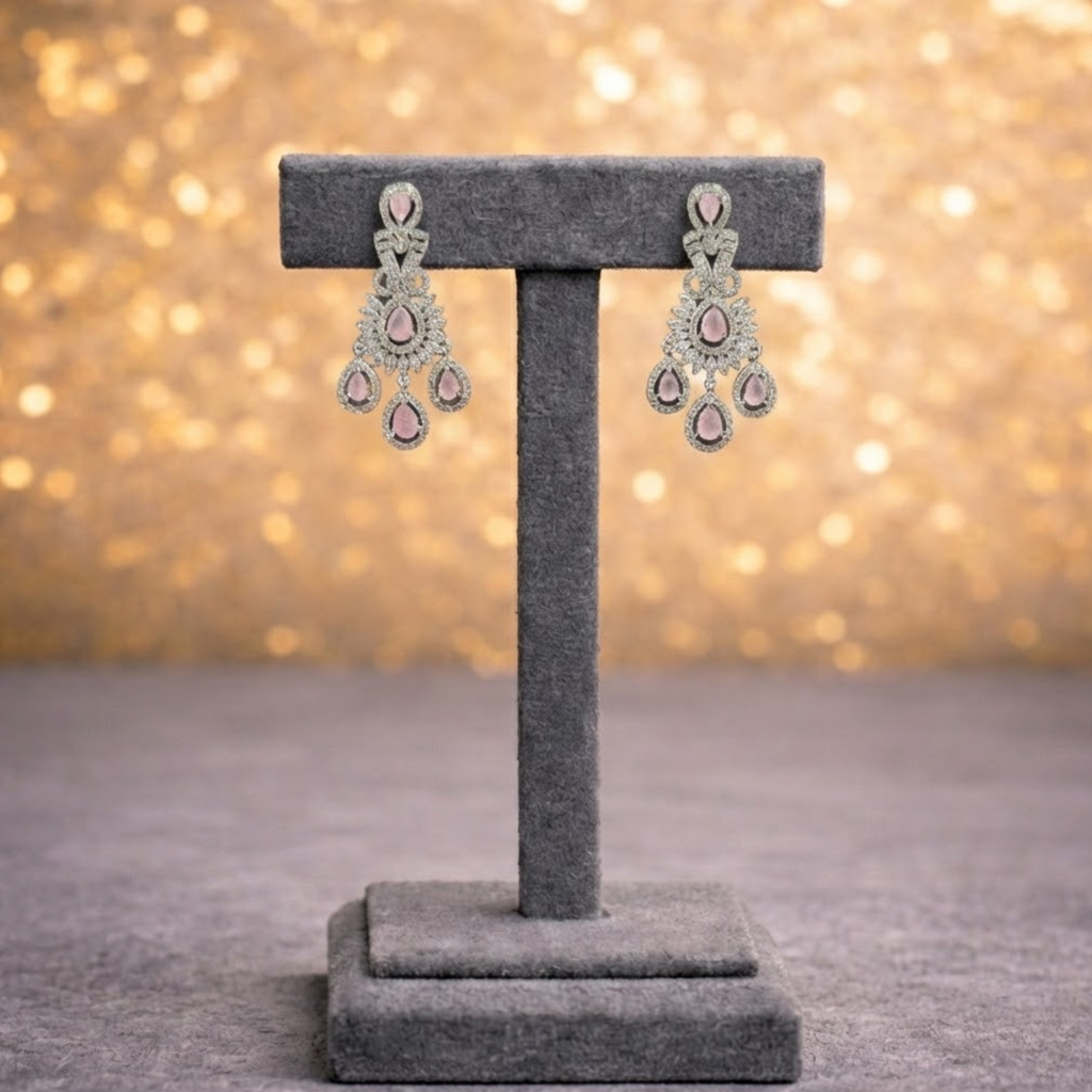 Crystal & Rose-Pink / Green Stone Statement Necklace and Earring Set