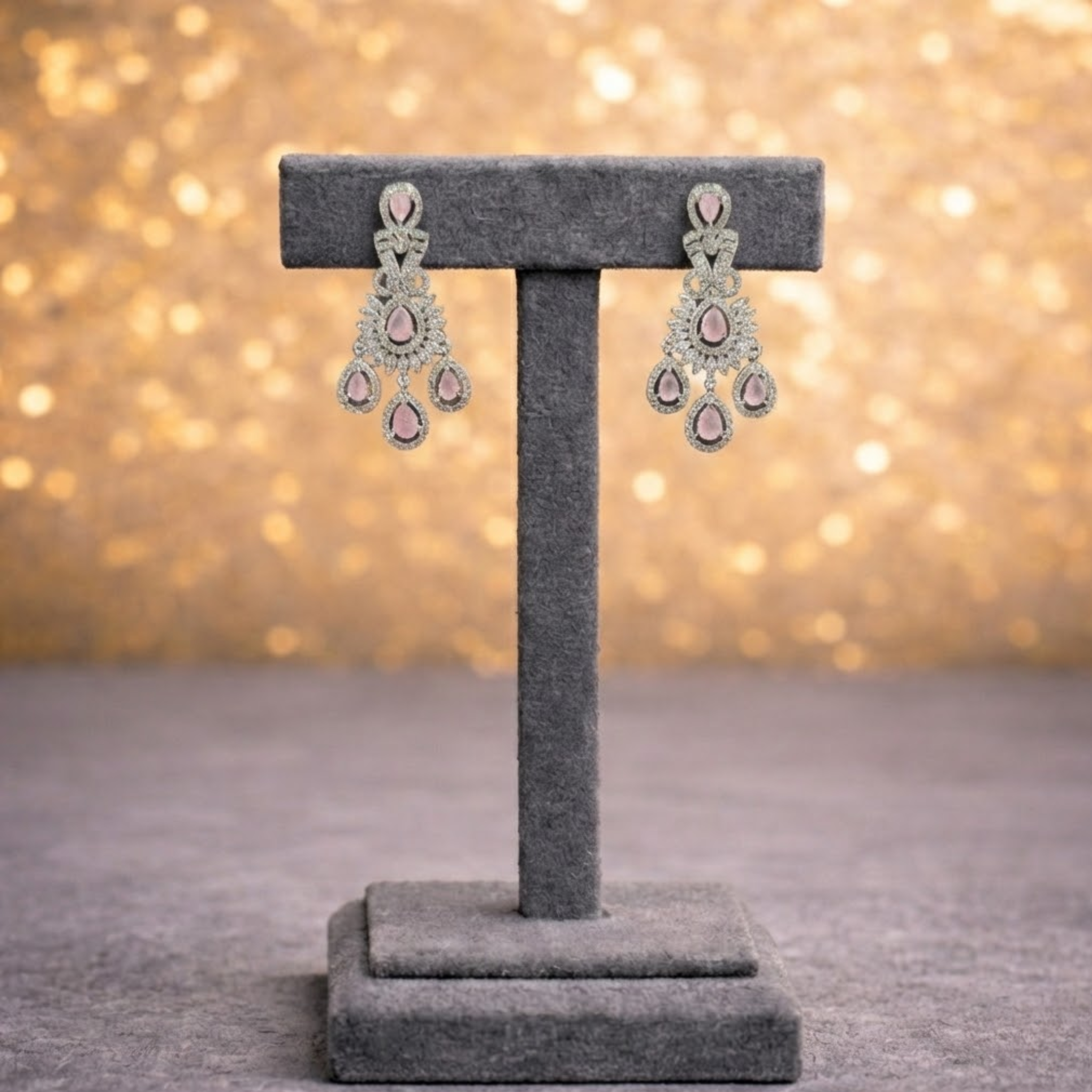 Crystal & Rose-Pink / Green Stone Statement Necklace and Earring Set