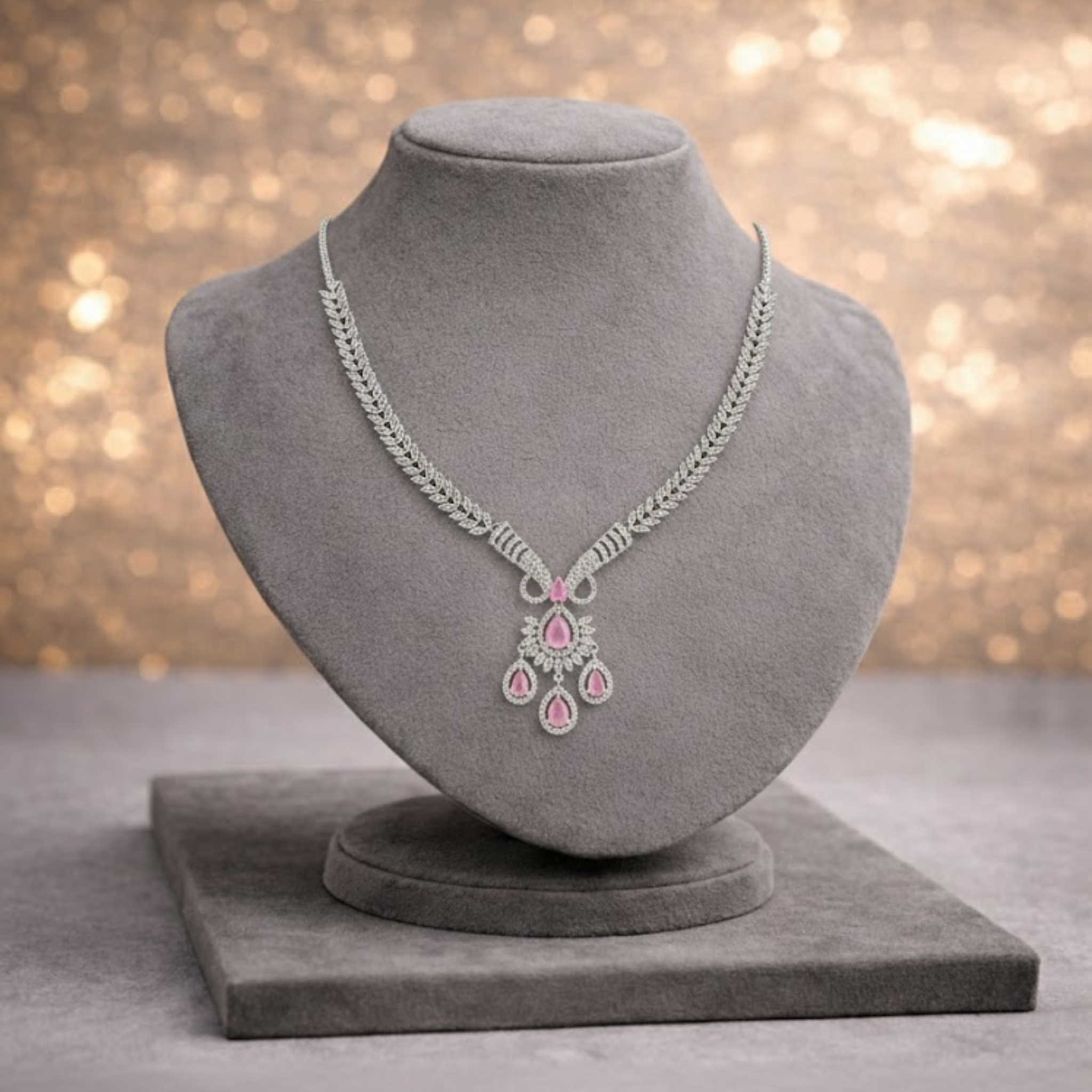 Crystal & Rose-Pink / Green Stone Statement Necklace and Earring Set