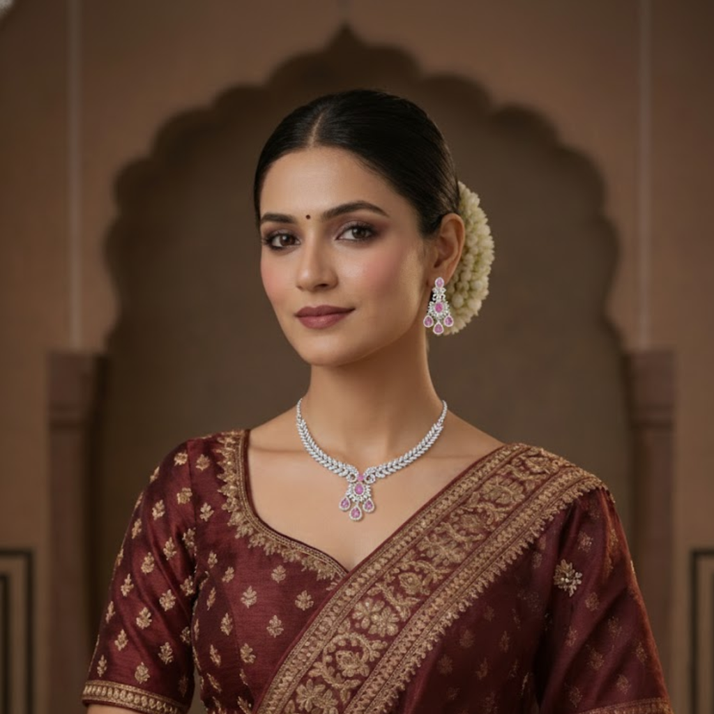 Crystal & Rose-Pink / Green Stone Statement Necklace and Earring Set