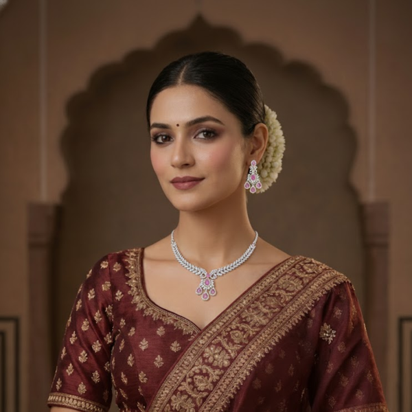 Crystal & Rose-Pink / Green Stone Statement Necklace and Earring Set