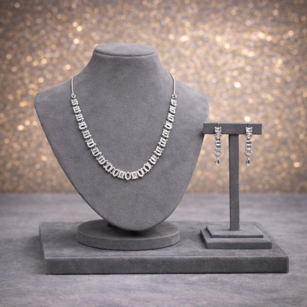 Emerald-Cut Crystal Silver Necklace & Earring Set