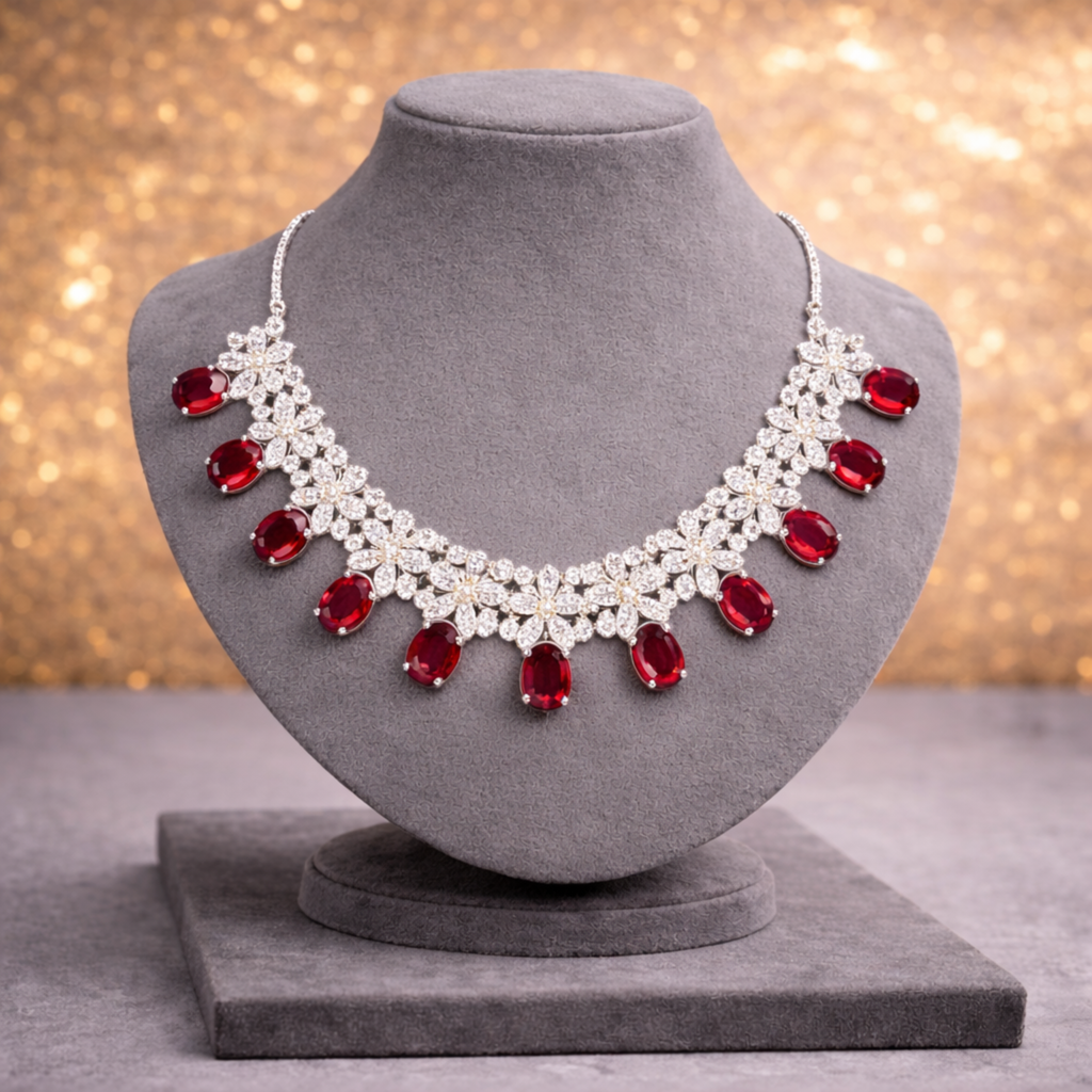 Ruby & Cubic Zirconia Floral Silver-Tone Statement Necklace Set
