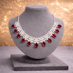 Ruby & Cubic Zirconia Floral Silver-Tone Statement Necklace Set