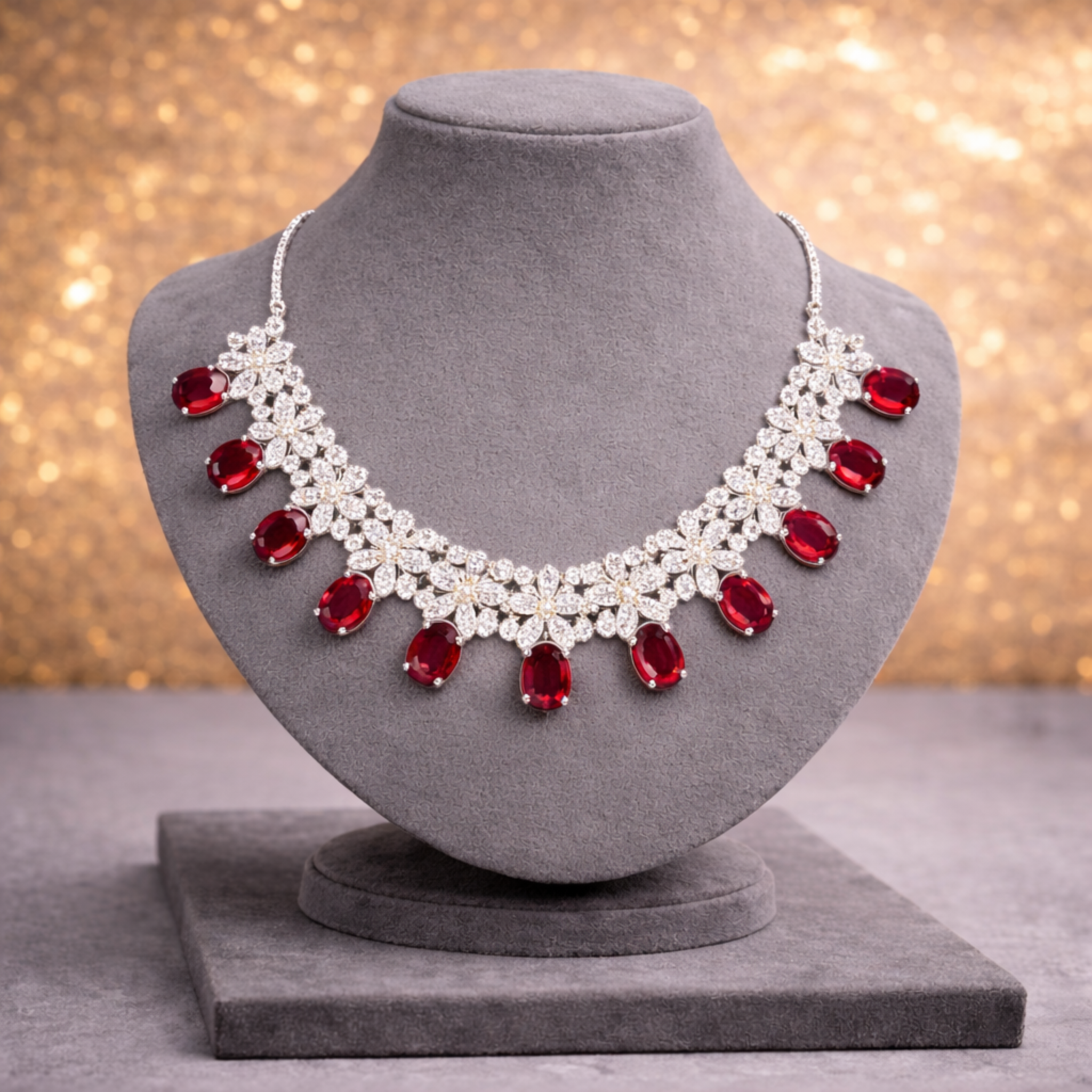 Ruby & Cubic Zirconia Floral Silver-Tone Statement Necklace Set