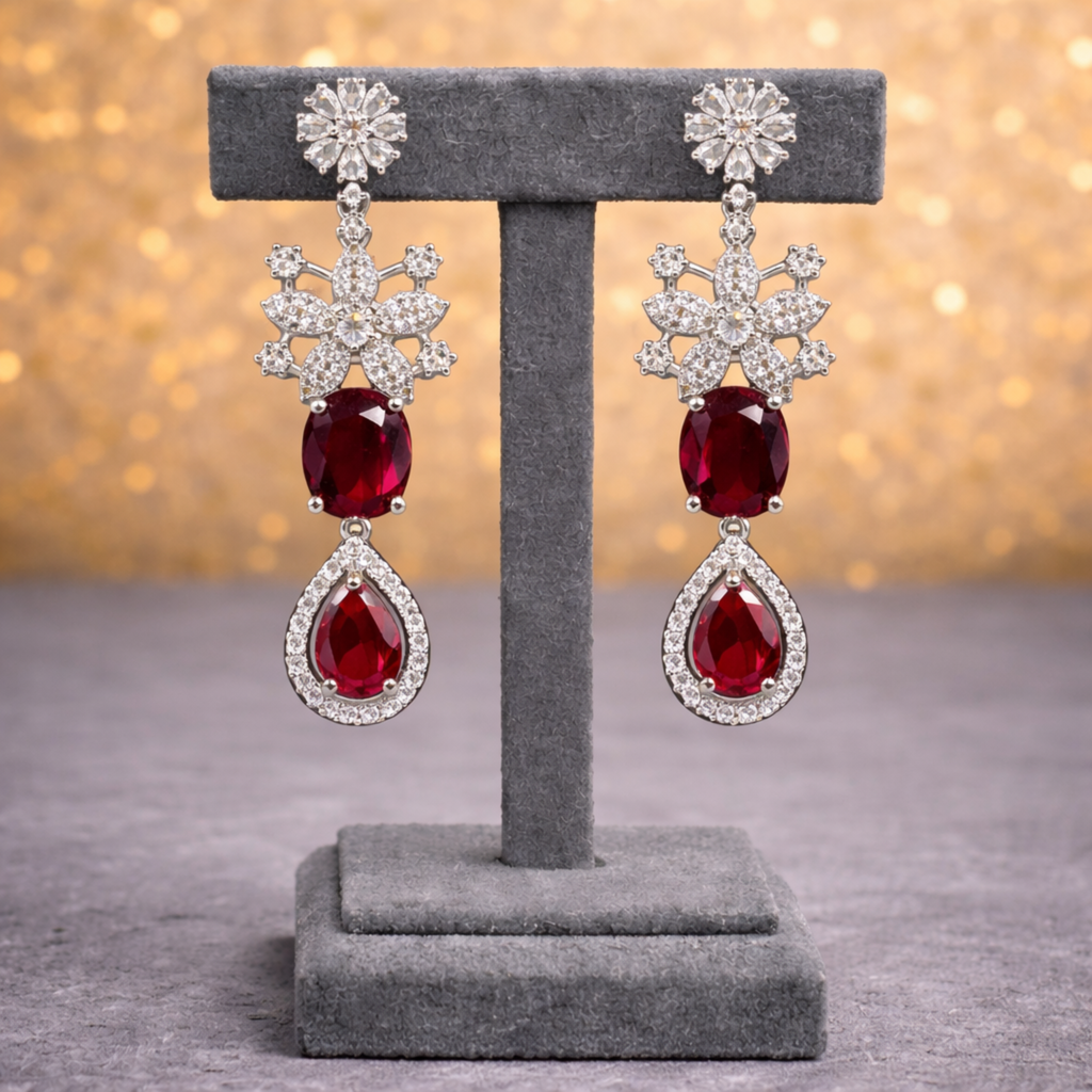Ruby & Cubic Zirconia Floral Silver-Tone Statement Necklace Set