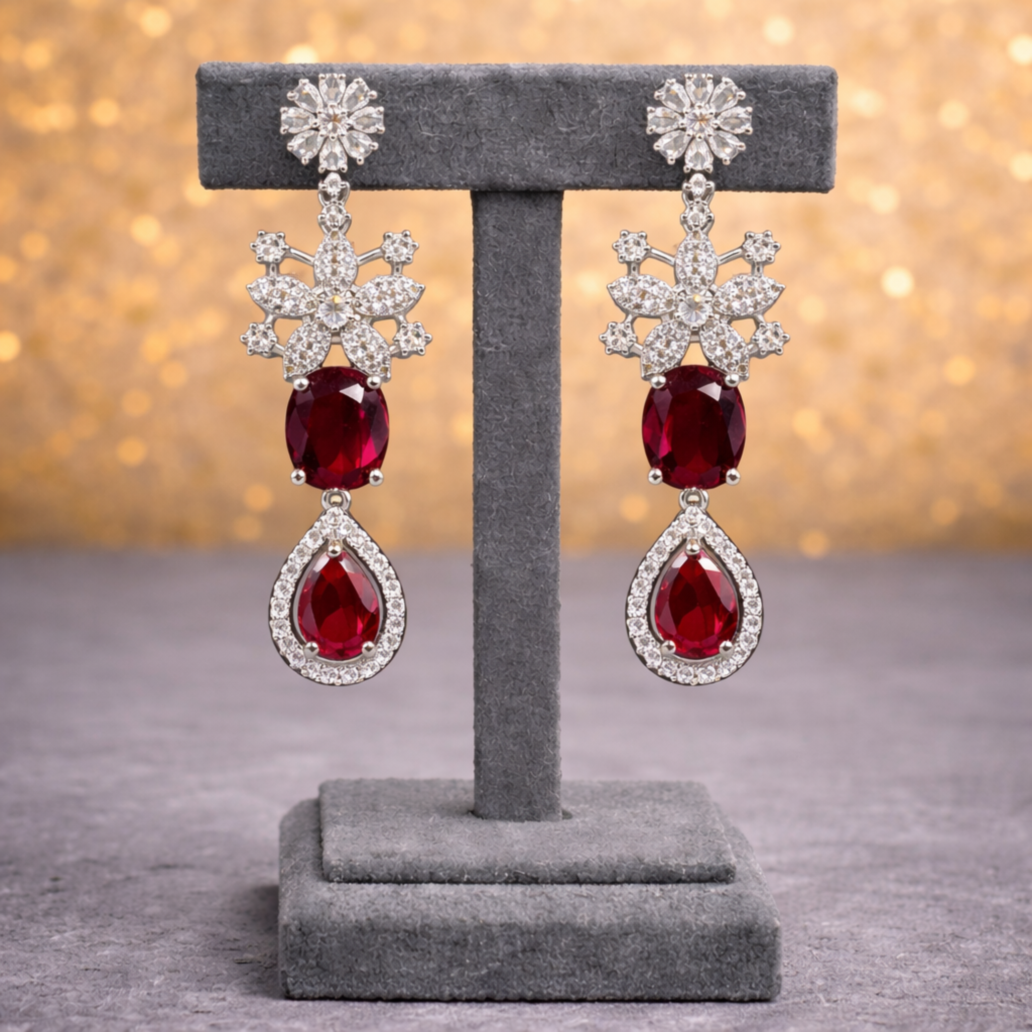 Ruby & Cubic Zirconia Floral Silver-Tone Statement Necklace Set