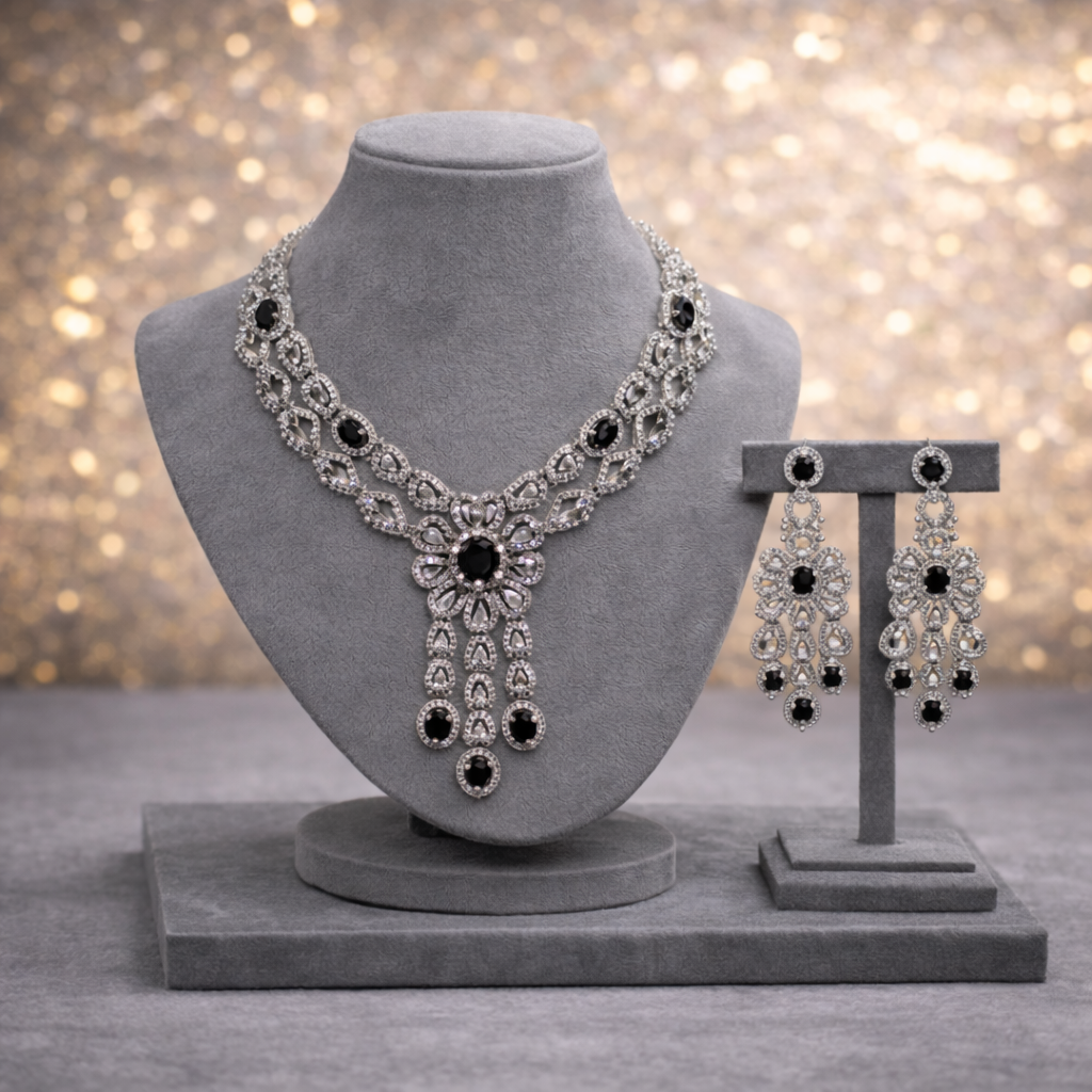 Victorian Onyx Pavé Bridal Jewelry Set with Maang Tikka