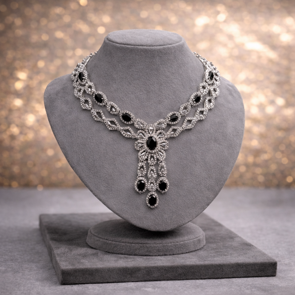 Victorian Onyx Pavé Bridal Jewelry Set with Maang Tikka