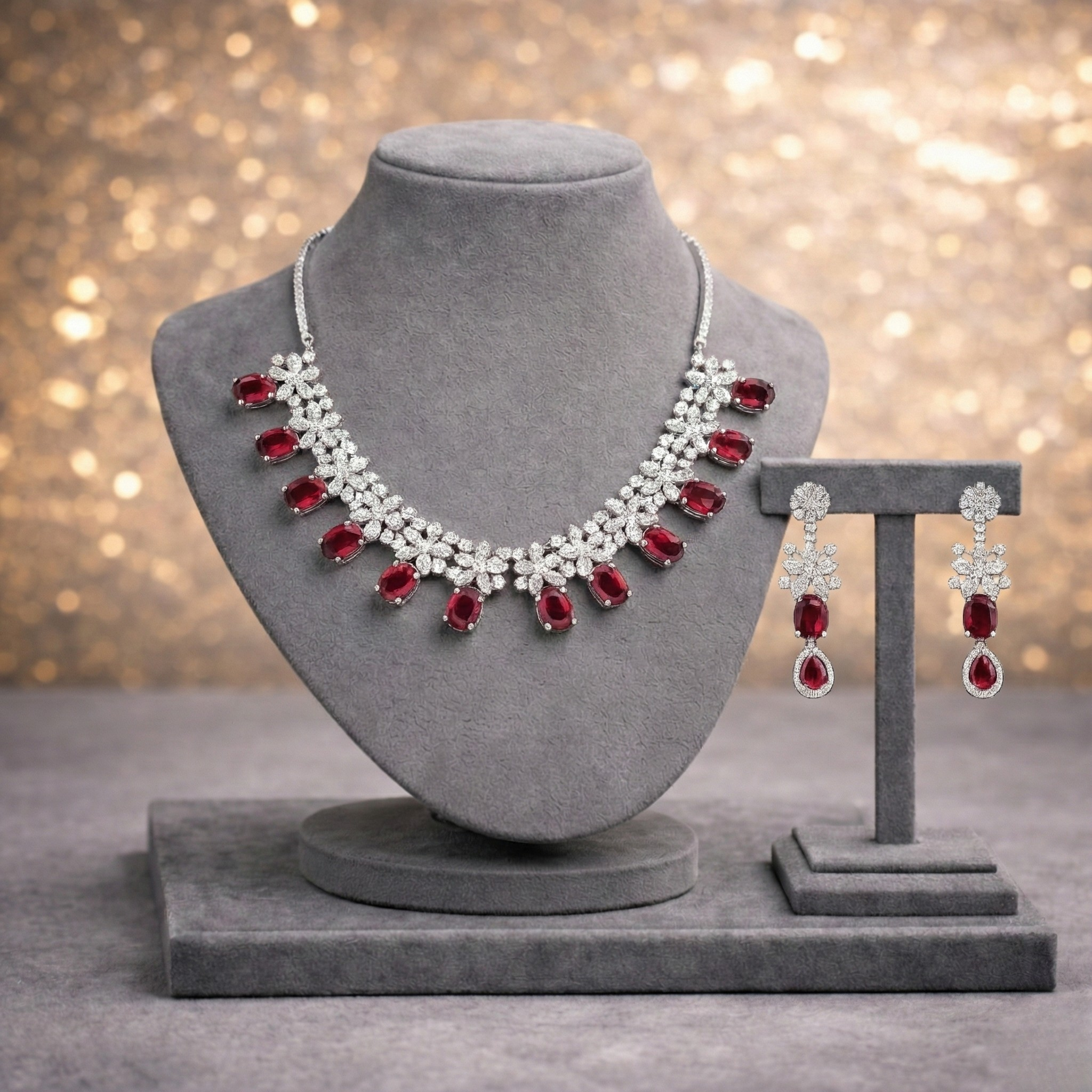 Ruby & Cubic Zirconia Floral Silver-Tone Statement Necklace Set