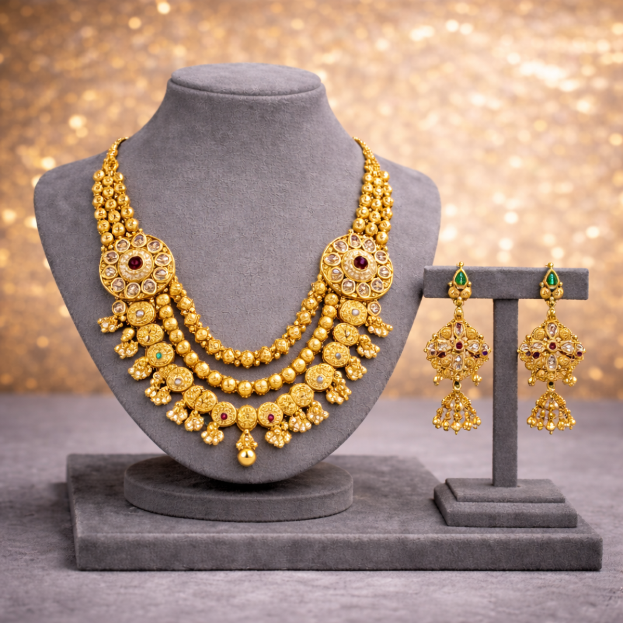 Royal Multi-Layered Kundan Necklace Set with Pearl Ghungroo Detailing