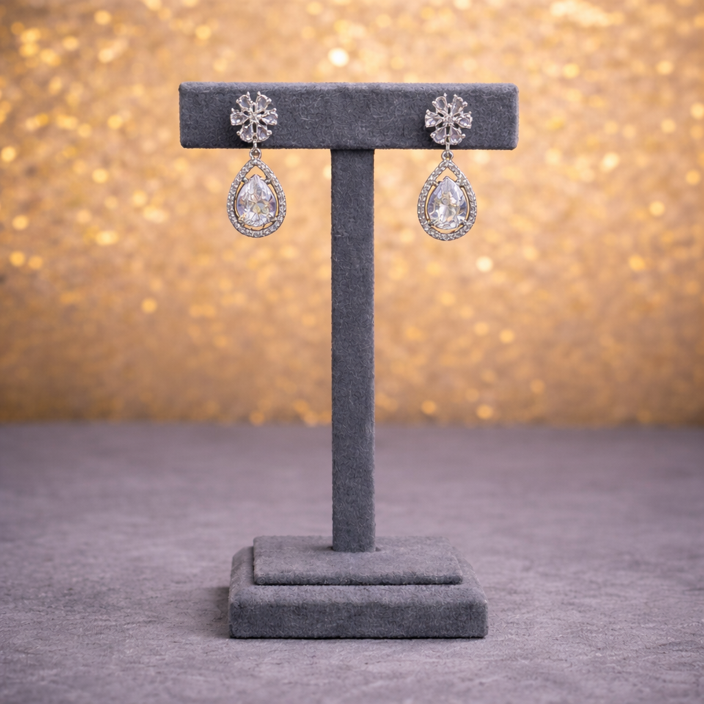 Rhodium Floral CZ Necklace & Drop Earring Set