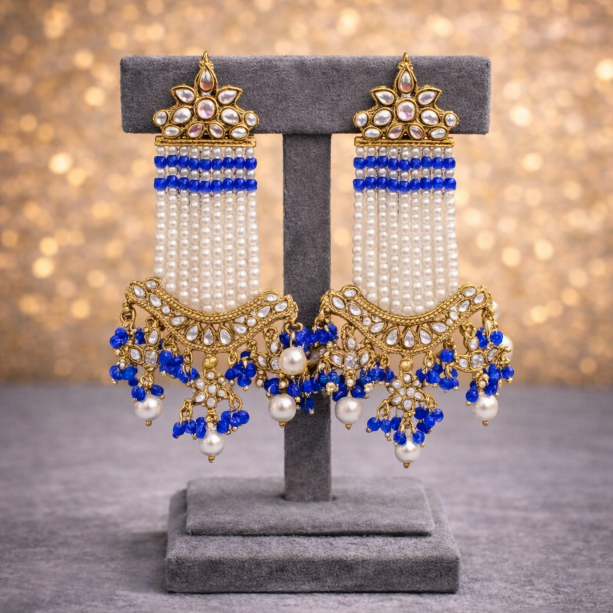Royal Blue Kundan Jhumka–Chandbali Fusion Drop Earrings