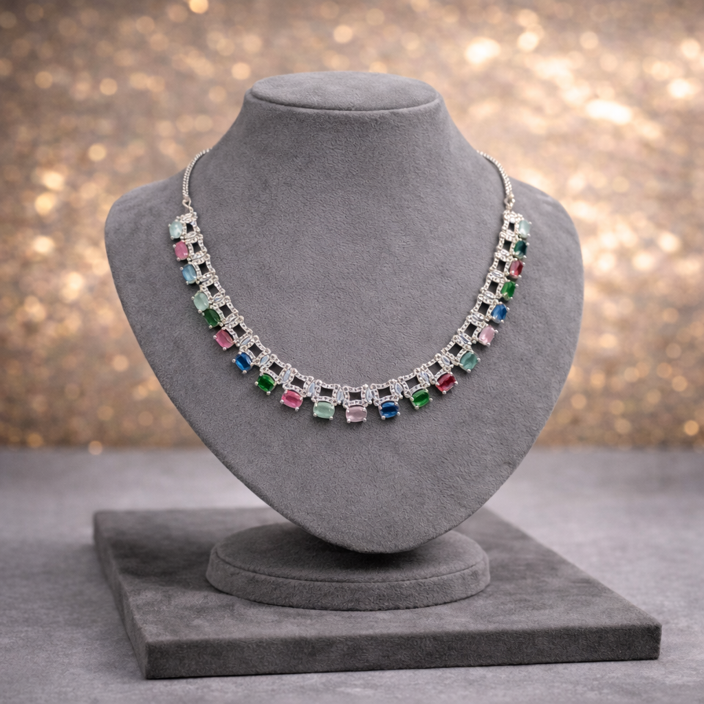 Multicolor Gemstone CZ Geometric Necklace & Earring Set