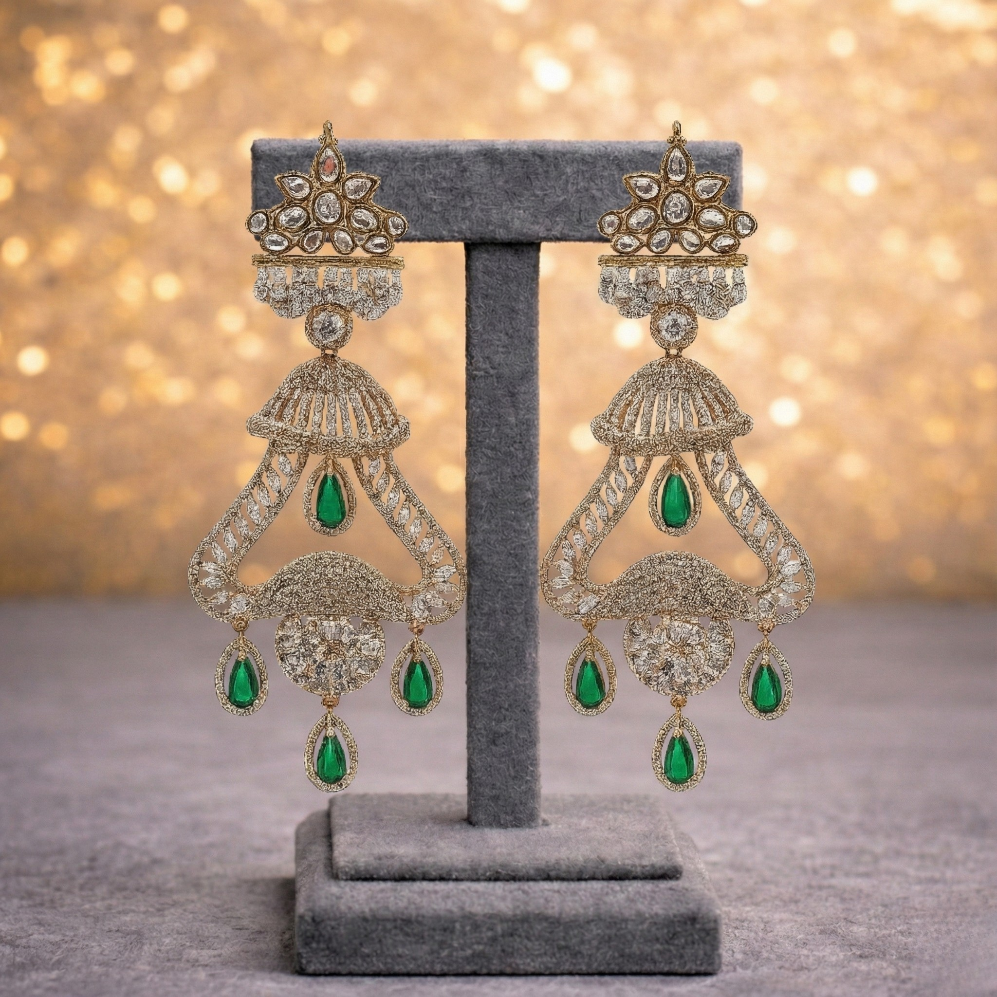 Emerald Drop Cubic Zirconia Chandelier Earrings in Rose Gold Finish