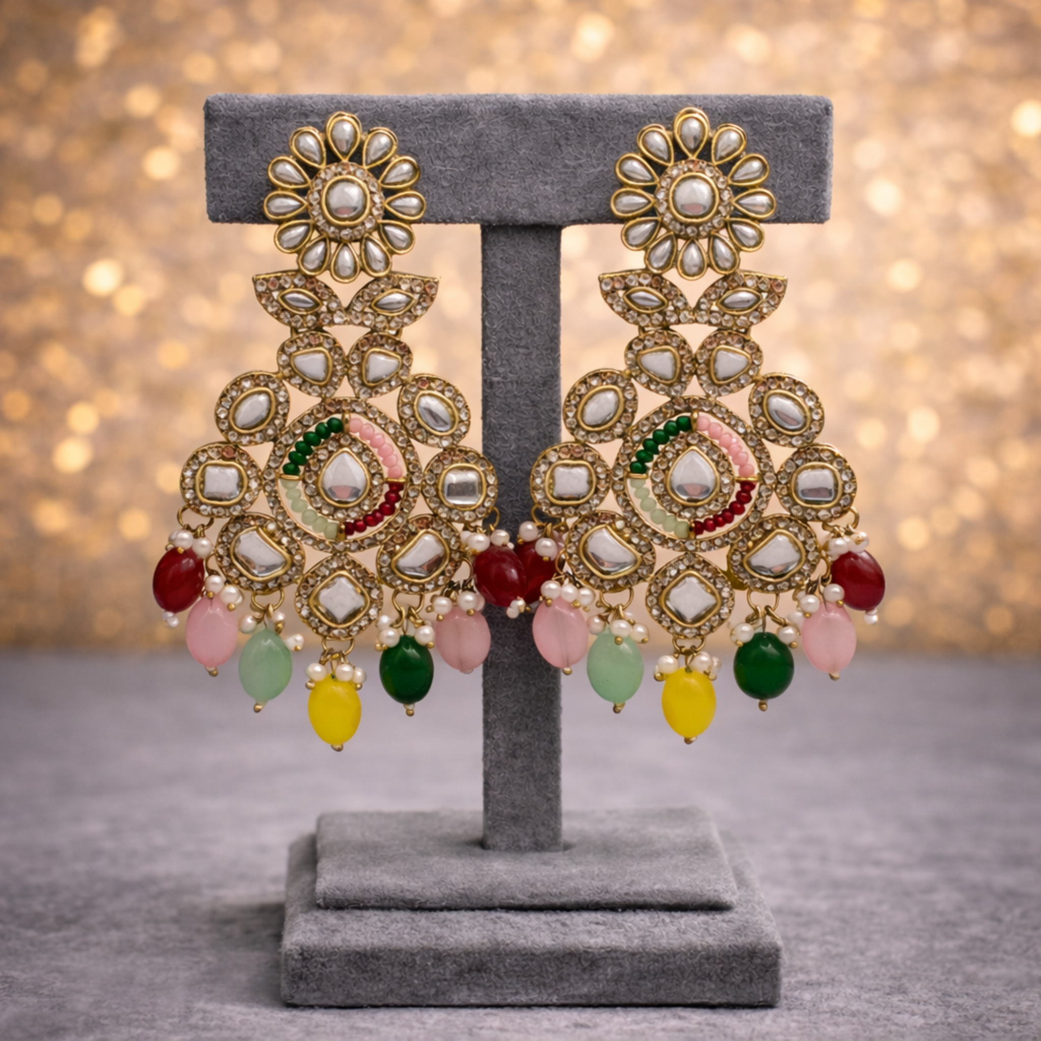Multicolor Kundan Chandelier Jhumka–Chandbali Fusion Earrings