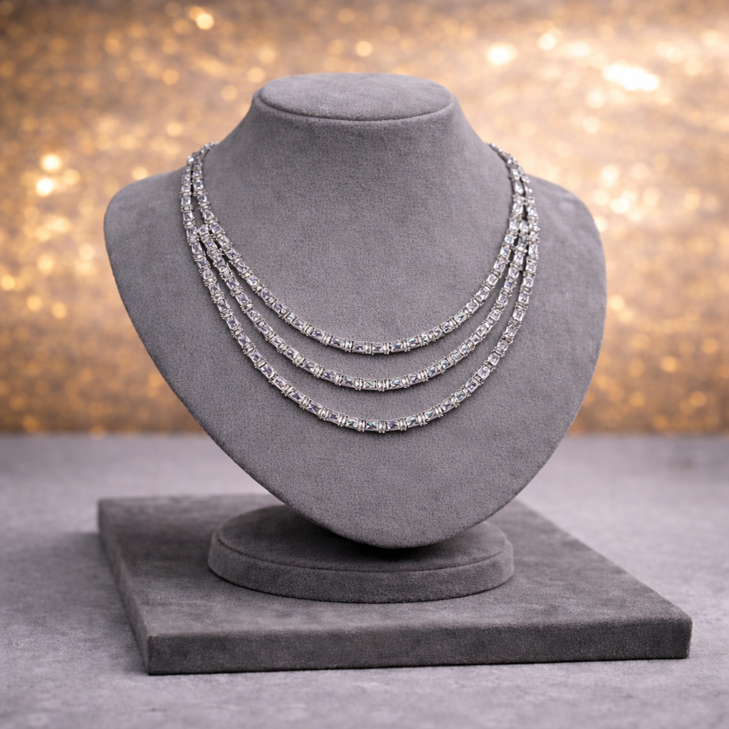 Triple-Layer Baguette Crystal Necklace & Drop Earring Set